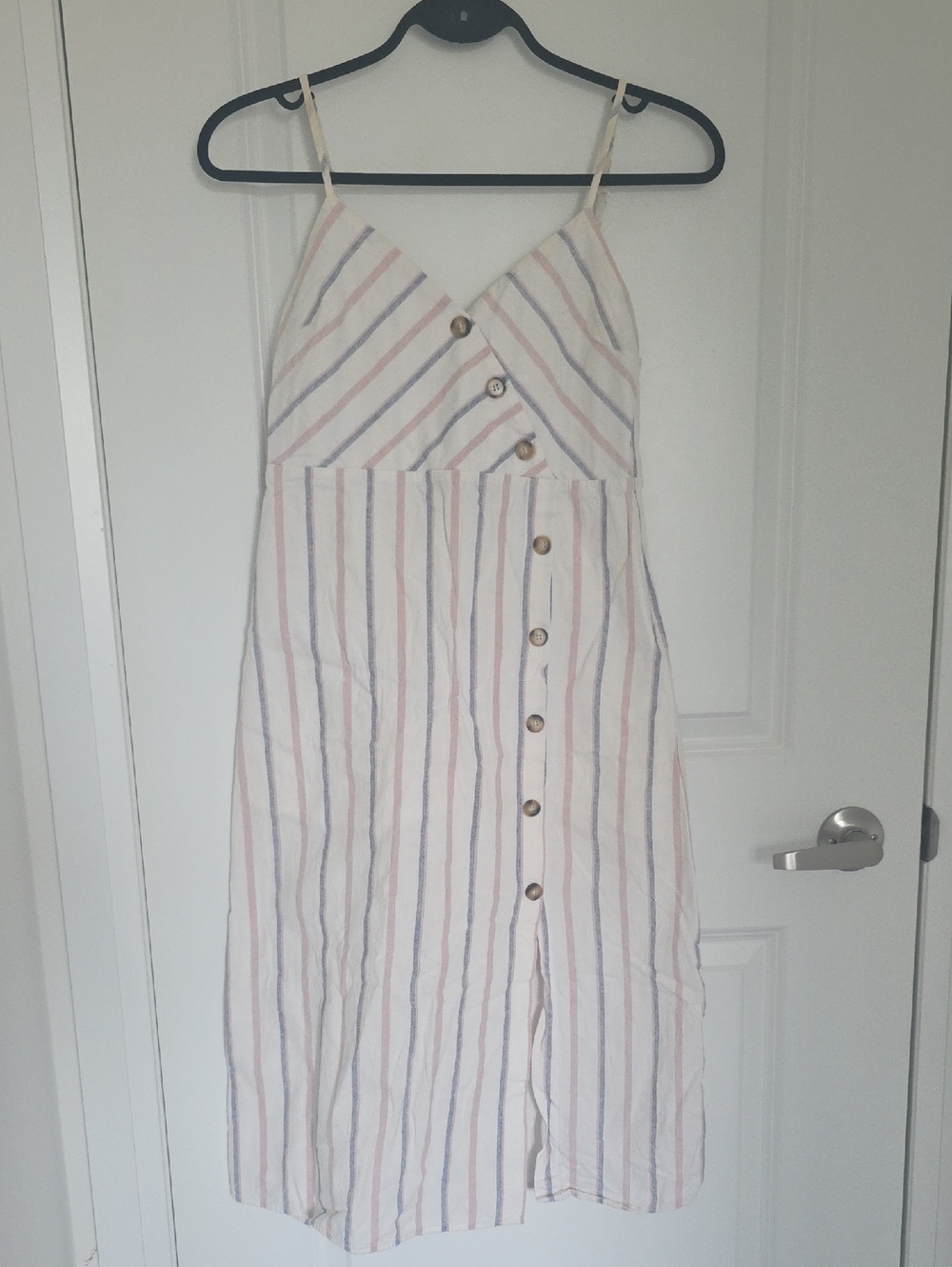 Striped White Sleeveless Button-Front Midi Dress